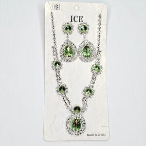 Statement Necklace Dangle Earrings Rhinestones Clear Green Silvertone ICE Brand